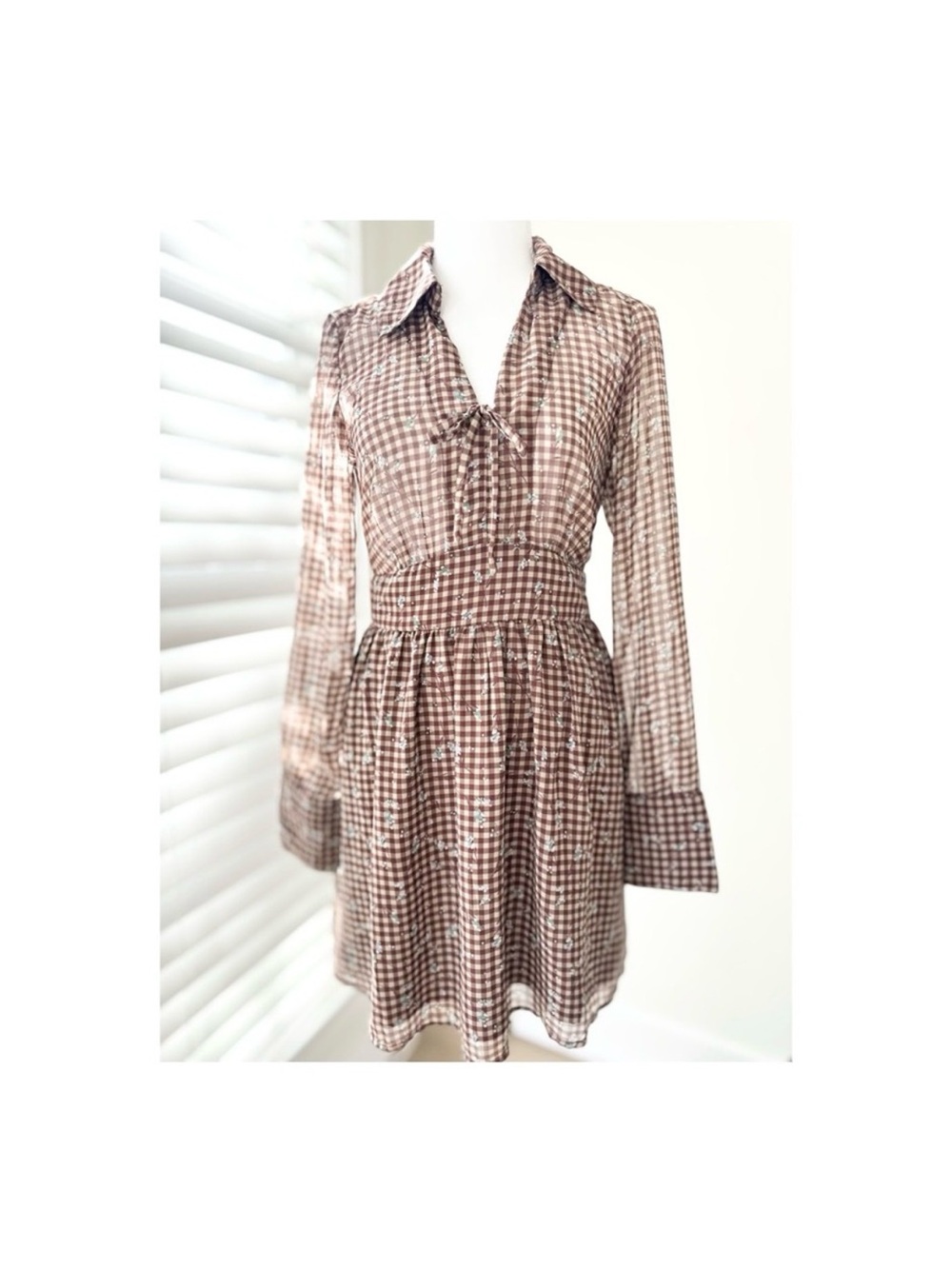 Simons Brown Gingham Long-Sleeve Waisted Shirt Dress
